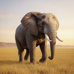 Fototapeta premium Majestic African elephant strides across sunlit savanna, tusks prominent, ears spread