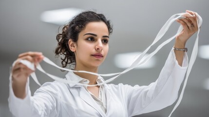 Medium shot of a technician testing medium rubber compound strips for elasticity demonstrating balance between firmness and softness.