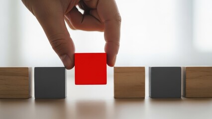 Hand choosing a red wooden block from a row of different colored blocks, concept of selection, decision making, or standing out