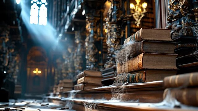 Explore an old library. Ancient books are stacked on wooden shelves covered with cobwebs during daytime when Sun shines through a window in the silent structure. Video