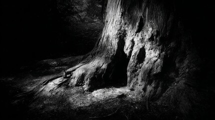 Close-up of an ancient, gnarled tree trunk with rough, detailed bark and visible roots in natural forest light.