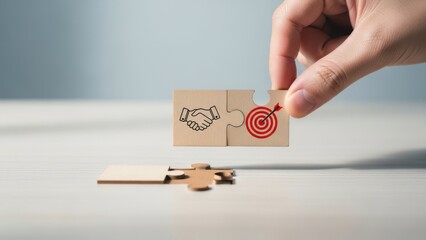 Hand placing a puzzle piece with a target symbol to connect with a handshake symbol, representing business goals and partnership completion