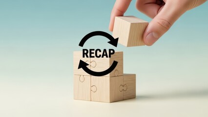 Hand placing wooden block on stairs structure with recap circular arrows symbol for summary or review concept