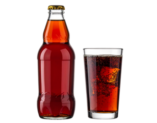 Cola Bottle and Glass with Beverage, isolated on a transparent background”