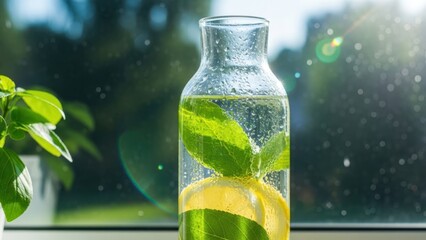 Refreshing infused water with lemon and mint leaves in a glass bottle on a sunny windowsill