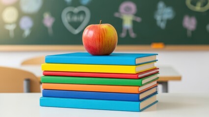 Stack of colorful textbooks with a fresh red and yellow apple on top in a classroom setting