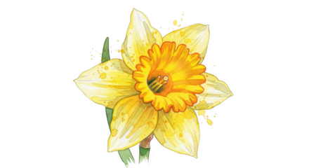 Watercolor yellow daffodil flower with orange center and green stem on black background with paint splatters