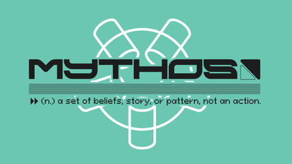 Futuristic Sign Typography art of 'Mythos' with Meanings, Cyan Blue Backdrop with White Abstract Focus Circle
