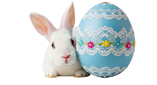 White bunny rabbit peeking from behind a blue Easter egg decorated with white lace and colorful flowers - Powered by Adobe