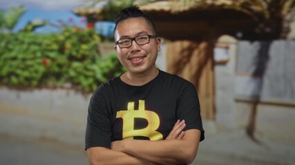 Young chinese man in black bitcoin t shirt with arms crossed at building entrance outside house, smiling to camera; confidence.