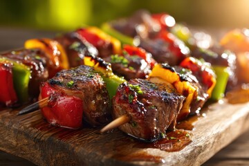 Close-up of colorful shish kebabs on skewers with peppers and onions grilling on an outdoor barbecue