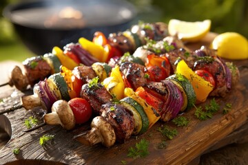 Close-up of succulent kebabs with peppers, onions and lemon on a sunny patio