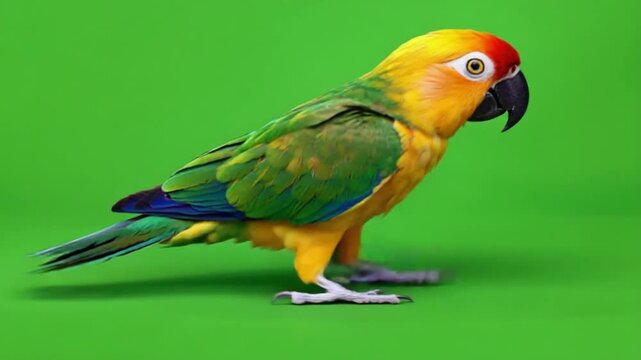 Vibrant parrot standing on green background, colorful bird with yellow, green, and blue feathers
