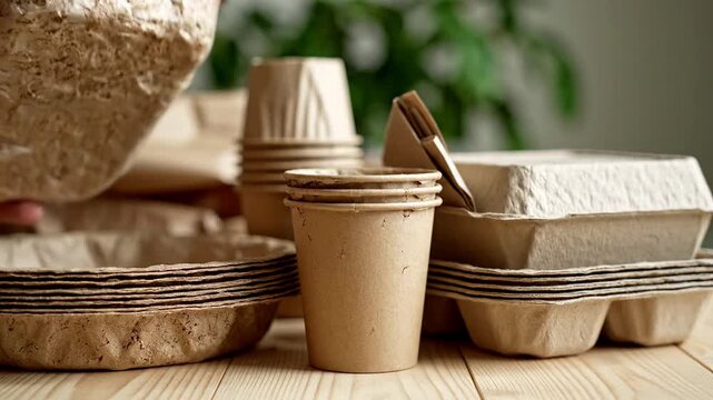 Stacked eco-friendly disposable paper food packaging: kraft paper cups, bowls, and containers on a wooden table. Natural, biodegradable items for sustainable living and zero waste initiatives.