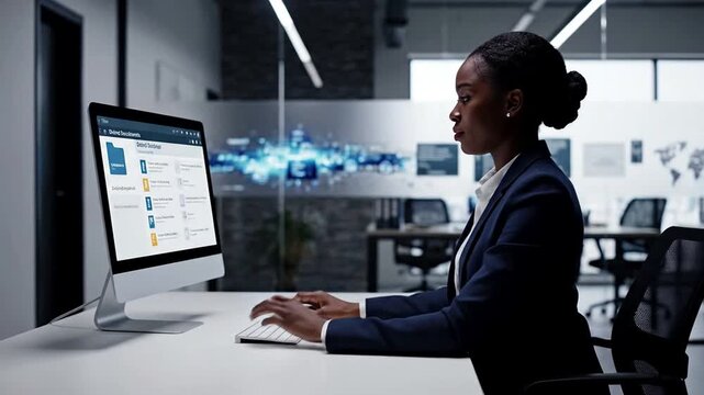 Professional African American woman in her 30s working diligently on a desktop computer in a sleek, modern office setting with a futuristic digital overlay.