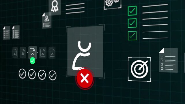 High tech display showing authorized personnel profiles with green status indicators and target symbols for security tracking.