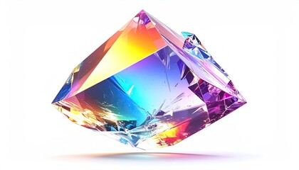 A faceted, prismatic crystal, reflecting light into a spectrum of colors
