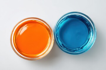 Vibrant color study featuring two glass bowls of orange and blue liquids on a white backdrop
