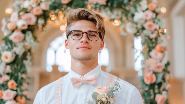 Young man in formal attire with floral arch at wedding celebration