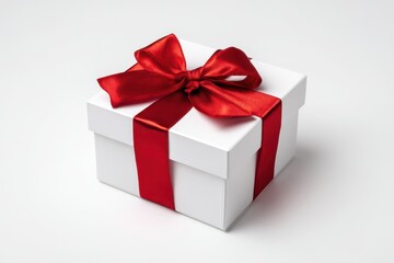Obraz premium White gift box with red satin bow on a clean white background, lid slightly open for festive holiday presentation