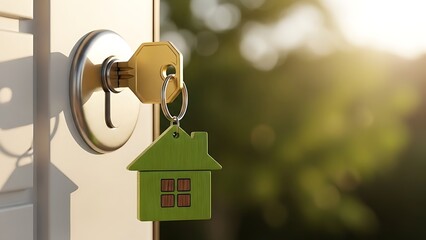 Key with house-shaped keychain in door lock, symbolizing home ownership and new beginnings