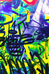 Abstract graffiti - neon yellow, blue, green spray paint, black strokes. Urban 2000s, Y2K style paint texture. Posters, flyers, digital art, modern 90s, 2000s, y2k creative banner, summer visuals.