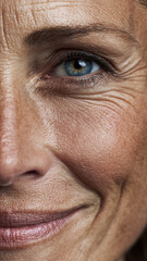 Ultra-Macro Beauty Portrait of a Middle-Aged Woman Highlighting Natural Wrinkles, Crow&rsquo;s Feet and Real Skin Texture