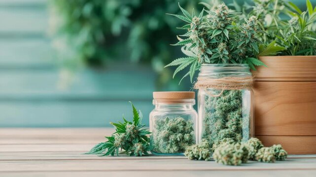 Natural cannabis cultivation outcome featuring vibrant green plant, cured flower in transparent jars, and loose buds on plank wood.
