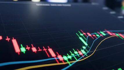 Dynamic financial stock market chart with glowing candlestick data moving on a dark screen. Concept of investment and business strategy - Powered by Adobe