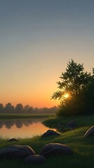 Sunset over tranquil lake with rocks and trees