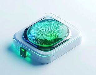 Futuristic biometric scanner with a glowing green fingerprint