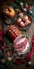 Festive Christmas Dinner Table with Stuffed Roast Meats &ndash; Cozy Holiday Food Photography