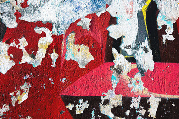 Abstract peeling paint texture with red, white, black, blue. Grunge 90s, urban style, distressed surface, rough texture. Background texture, pattern, digital art, creative banner.