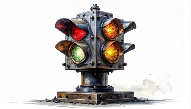 Vintage, boxy traffic signal with illuminated lights, aged details - Powered by Adobe