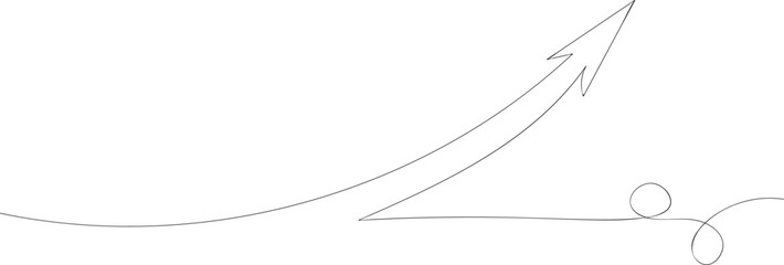 One continuous line drawing of success rising up arrow. A simple black outline of a winding path with an arrow pointing right on a white background. 