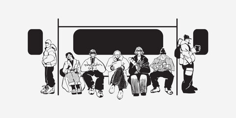 People of different ages and genders sitting in Subway. Black and white line vector illustration.