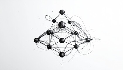 Black spheres interconnected by swirling lines against a white backdrop