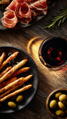 Minimal Rustic Gourmet Snack Table Overhead Shot, Italian Grissini Plate, Olives, Ham Ribbons and Red Wine Light Circle