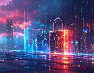 Digital padlock in vibrant cityscape, abstract data design