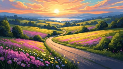 Sunset Over Winding Road Through Flowery Countryside