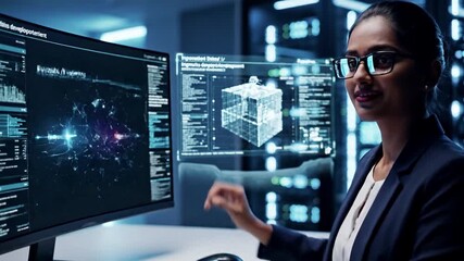 Adult woman in glasses and business suit works with futuristic holographic interfaces and computer screens displaying complex data, charts, and 3D models in a modern server room environment. - Powered by Adobe