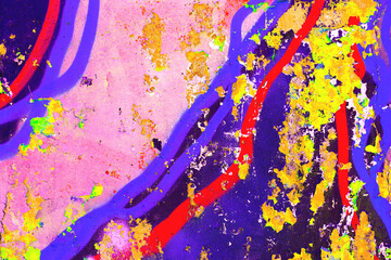 Abstract graffiti texture with neon yellow, red, purple, pink colors. Y2K, 90s style, fluorescent glow, paint cracks. Background texture, digital art, creative banner, summer visuals.