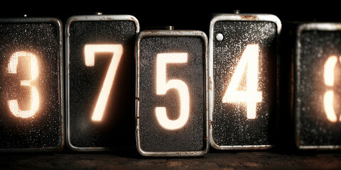 Vintage mechanical counter displaying numbers in dim light  