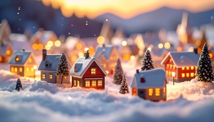 Miniature, snowy village illuminated by soft indoor and outdoor lights, resembling a holiday scene. Tiny houses and trees dot a field