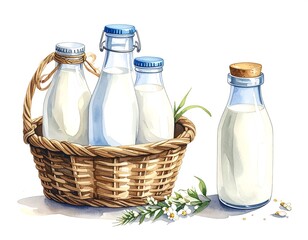 Watercolor illustration of milk bottles in a wicker basket, with floral accents