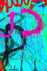 Neon graffiti art with bright pink, black, red on blue textured wall. Y2K, acid style, fluorescent glow, trippy paint. Urban backgrounds, street art, creative banner, social media, reels.