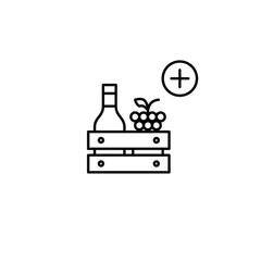 Wine bottle, grapes in crate and plus symbol. Product supply, farmer products. Pixel perfect, editable stroke vector icon