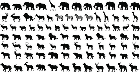 Animal silhouette illustration set, elephant giraffe zebra deer bear vector, wildlife pattern artwork, nature design, educational decorative artwork © Tanzila