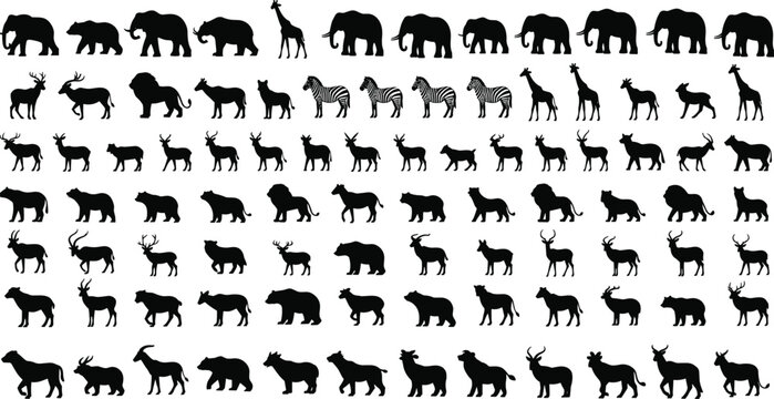 Animal silhouette illustration set, elephant giraffe zebra deer bear vector, wildlife pattern artwork, nature design, educational decorative artwork