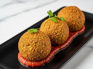 Crispy fried balls on a black plate with red sauce and green herbs isolated on white background